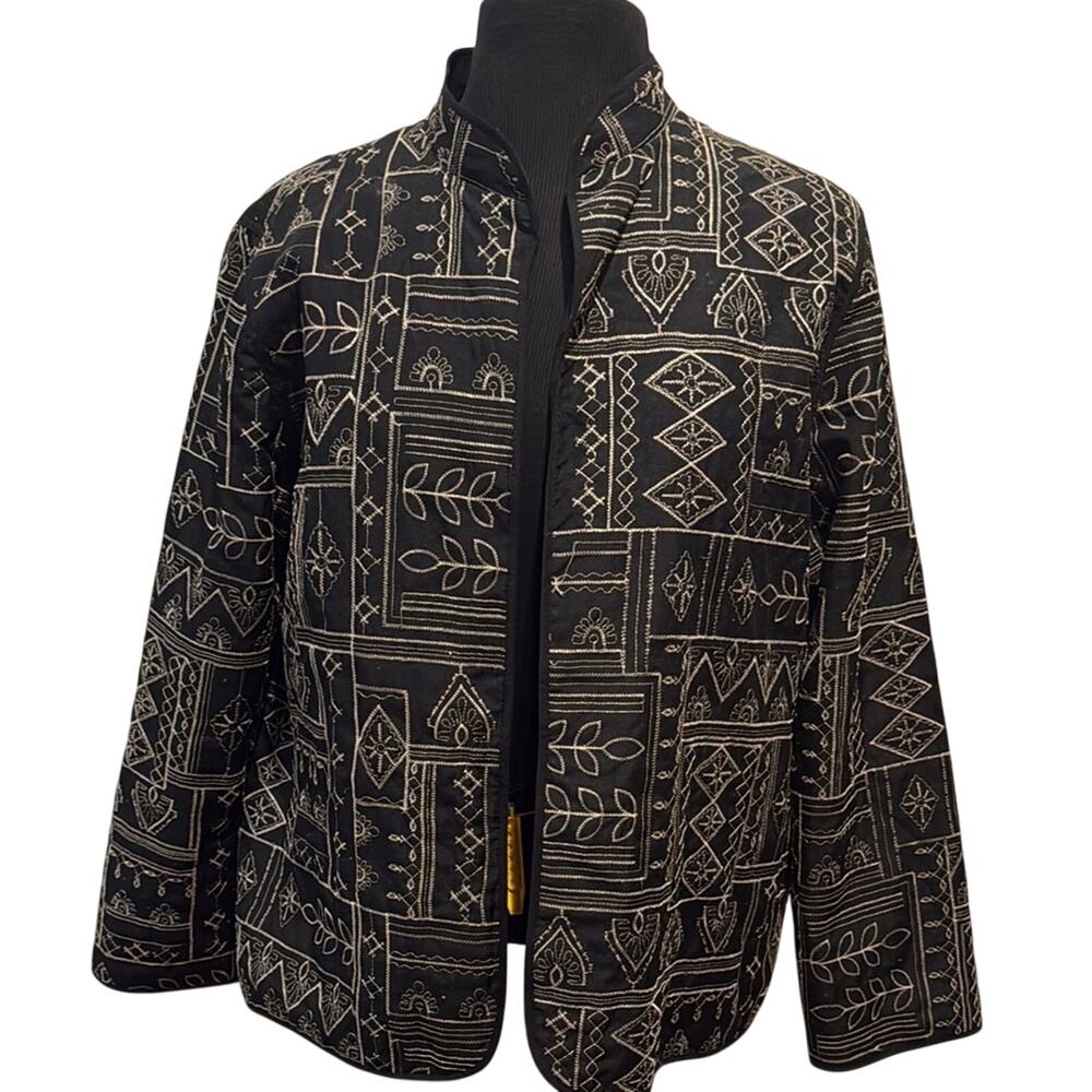 Alfred Dunner Petite Embroidered Open Jacket Size 16P Black Folkloric Boho